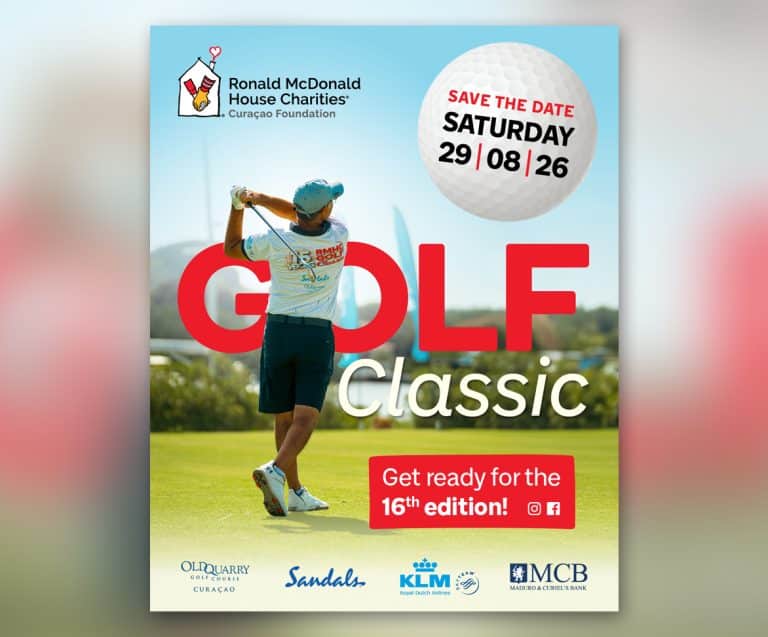 Ronald McDonald House Curaçao Golf Classic 2026 save the date poster with golfer on course and event date August 29, 2026