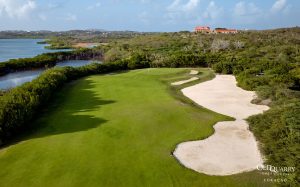 Aerial view of Hole 10 at Old Quarry Golf Course with Land house Santa Barbara in the distance
